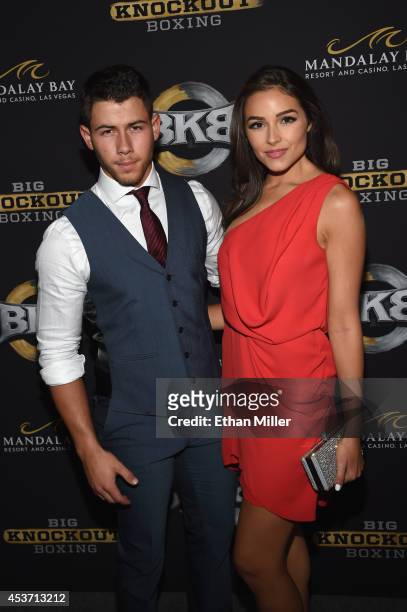 Recording artist/actor Nick Jonas and Miss Universe 2012 Olivia Culpo attend the inaugural event for BKB, Big Knockout Boxing, at the Mandalay Bay...