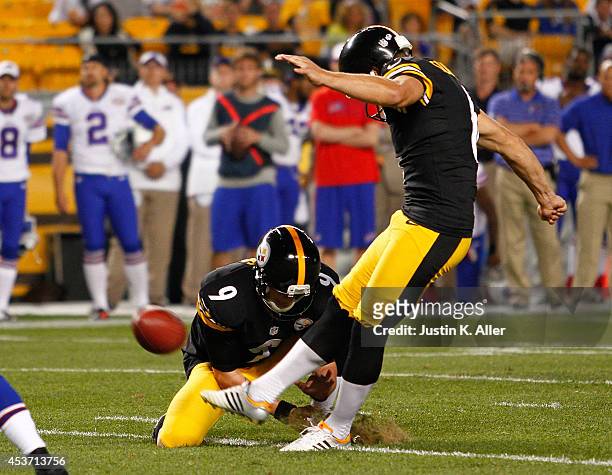 Shaun Suisham of the Pittsburgh Steelers kicks the game winning field goal during the fourth quarter against the Buffalo Bills at Heinz Field on...