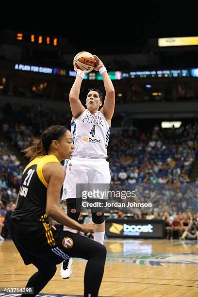 Janel McCarville of the Minnesota Lynx shoots the ball against the Tulsa Shock during the WNBA game on August 16, 2014 at Target Center in...