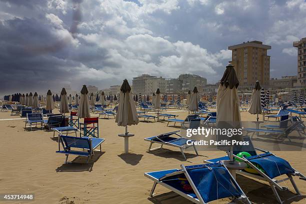 The deserted beach after the passage of a sandstorm. A sandstorm hit Miramare, the seaside resort of Rimini and Riccione, forcing people to leave the...