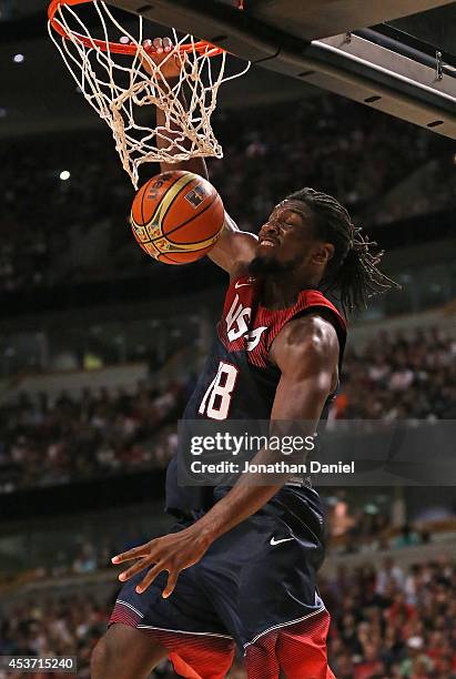 Kenneth Faried of team USA dunks against team Brazil during an exhibition game at the United Center on August 16, 2014 in Chicago, Illinois. Team USA...