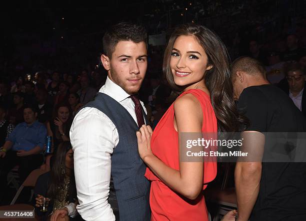 Recording artist/actor Nick Jonas and Miss Universe 2012 Olivia Culpo attend the inaugural event for BKB, Big Knockout Boxing, at the Mandalay Bay...