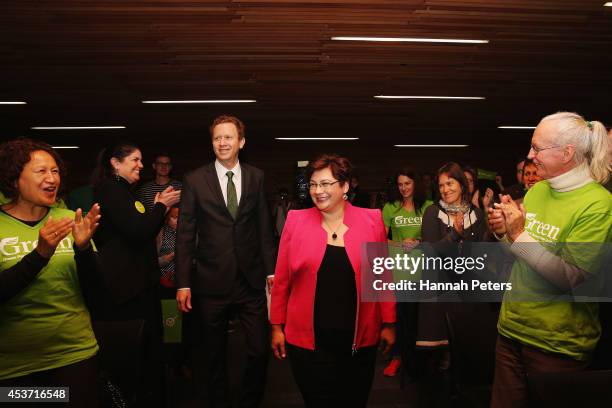 Green Party Co-leaders Metiria Turei and Russel Norman arrive at Sir Paul Reeves Building on August 17, 2014 in Auckland, New Zealand. New Zealanders...