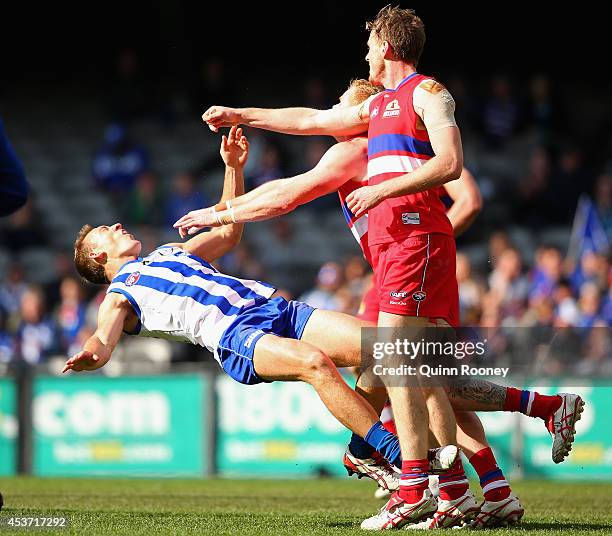 Drew Petrie of the Kangaroos is bumped by Adam Cooney of the Bulldogs during the round 21 AFL match between the North Melbourne Kangaroos and the...