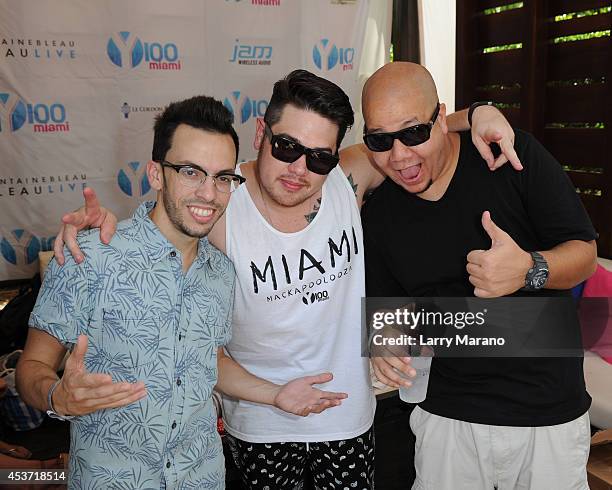 Mack, DJ Obscene and DJ Mummy attend Mackapoolooza at Fontainebleau Miami Beach on August 16, 2014 in Miami Beach, Florida.