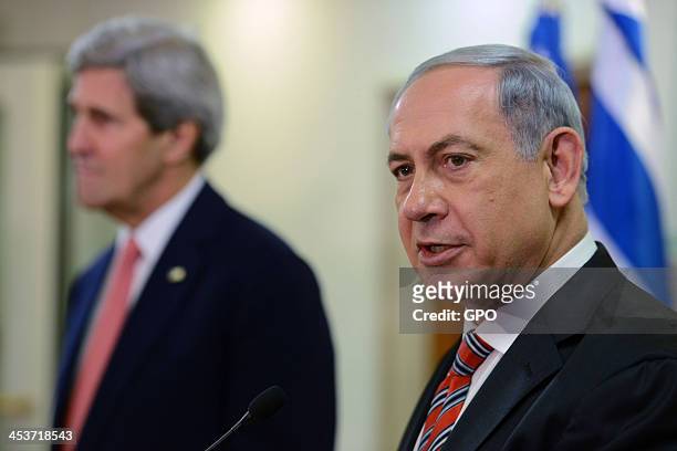 In this handout image supplied by the Israeli Government Press Office , Israeli Prime Minister Benjamin Netanyahu holds a joint press conference with...