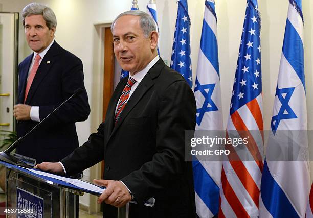 In this handout image supplied by the Israeli Government Press Office , Israeli Prime Minister Benjamin Netanyahu holds a joint press conference with...