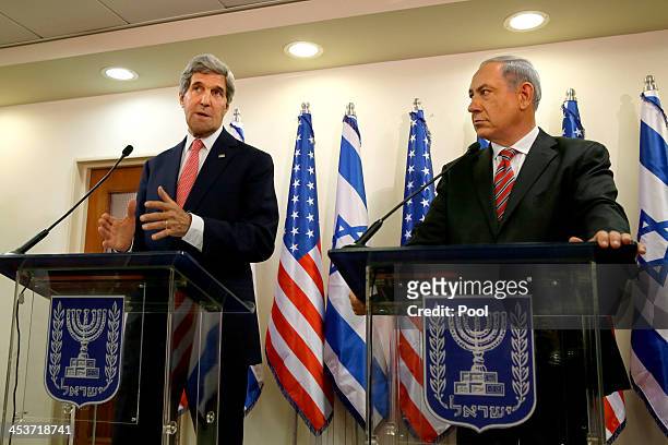 Israeli Prime Minister Benjamin Netanyahu holds a joint press conference with US Secretary Of State John Kerry on December 5, 2013 in Jerusalem,...