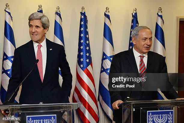 Israeli Prime Minister Benjamin Netanyahu holds a joint press conference with US Secretary Of State John Kerry on December 5, 2013 in Jerusalem,...