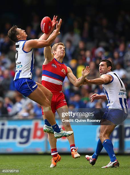 Ben Jacobs of the Kangaroos marks during the round 21 AFL match between the North Melbourne Kangaroos and the Western Bulldogs at Etihad Stadium on...