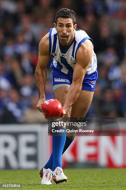 Michael Firrito of the Kangaroos handballs during the round 21 AFL match between the North Melbourne Kangaroos and the Western Bulldogs at Etihad...