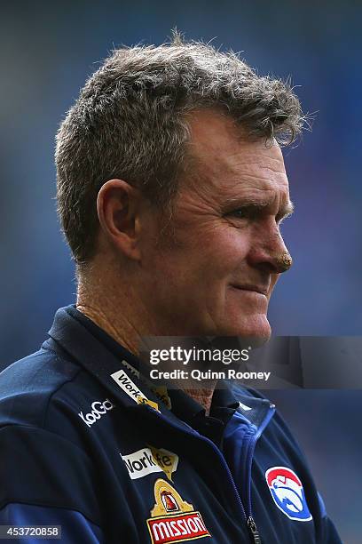Brendan McCartney the coach of the Bulldogs looks on during the round 21 AFL match between the North Melbourne Kangaroos and the Western Bulldogs at...