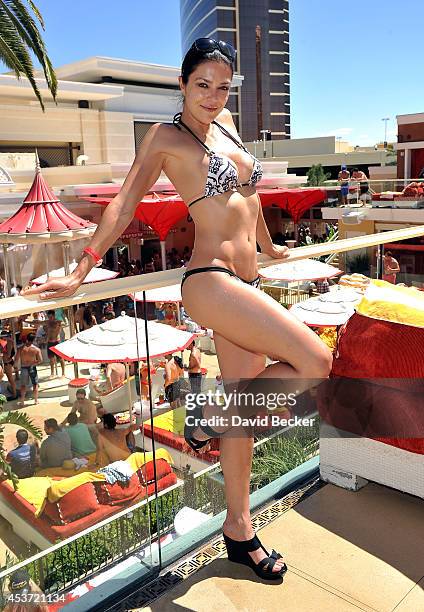 Model Adrianne Curry appears at the Encore Beach Club at Wynn Las Vegas on August 16, 2014 in Las Vegas, Nevada.