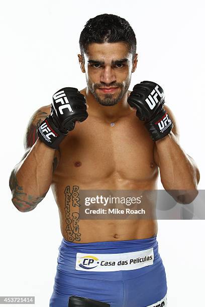 Thiago Tavares poses for a post-fight portrait backstage during the UFC fight night event at the Cross Insurance Center on August 16, 2014 in Bangor,...