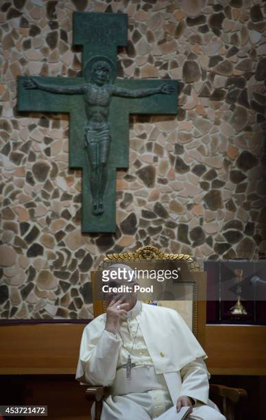 Pope Francis attends a meeting with Asian bishops at the Haemi Martyrs Shrine on August 17, 2014 in Haemi, South Korea. Pope Francis is visiting...