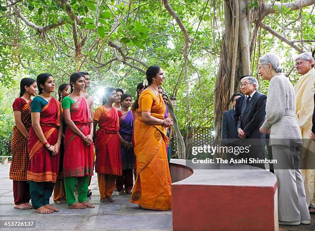 Japan's Emperor Akihito and Empress Michiko visit the Kalakshetra Foundation on December 4, 2013 in Chennai, India. The Emperor and Empress are on a...