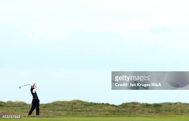 Rowan Lester of Ireland plays an approach shot in his match play final against Oskar Bergqvist of Sweden during the Boys Amateur Championship at...