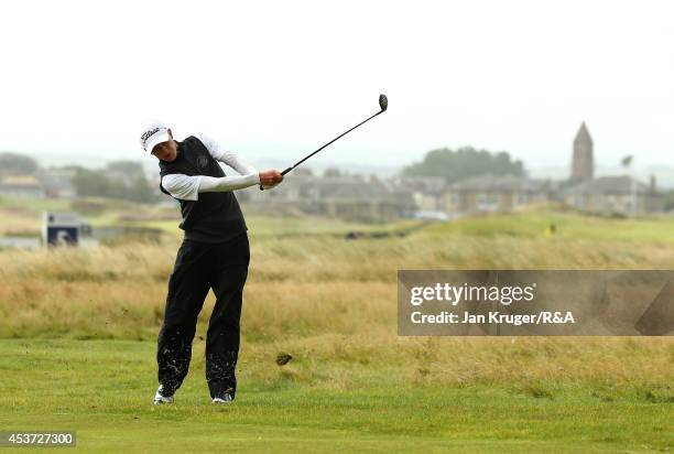 Rowan Lester of Ireland plays an approach shot in his match play final against Oskar Bergqvist of Sweden during the Boys Amateur Championship at...