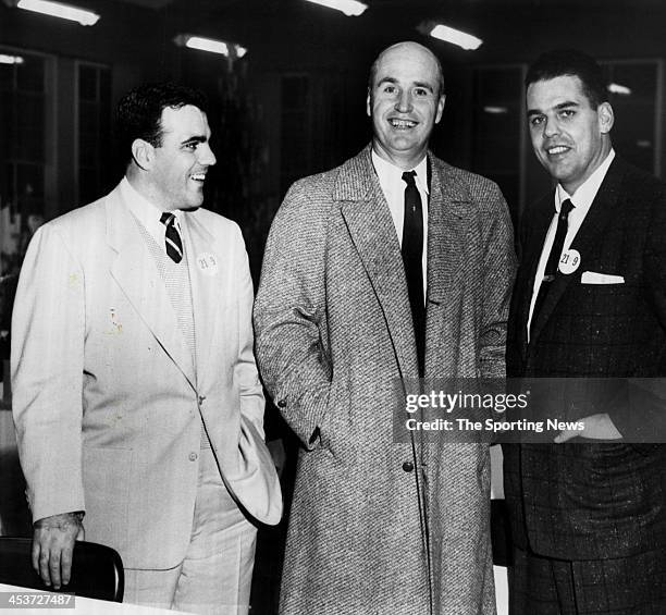 Otto Graham of the Cleveland Browns, meets Walter "Smokey" Alston, manager of the Brooklyn Dodgers, for the first time at the annual all-sports...