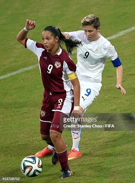 Deyna Castellanos of Venezuela clashes with Maria Mikolajova of Slovakia during the FIFA Girls Summer Olympic Football Tournament Preliminary Round...
