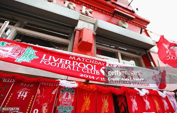 The match day scarf is displayed prior to the Barclays Premier League match between Liverpool and Southampton at Anfield on August 17, 2014 in...