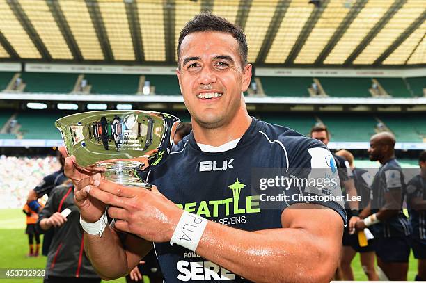 Captain Michael Palefau of Seattle poses for the camera with the Shield Final Trophy during the Shield Final match between Harlequins and seattle...