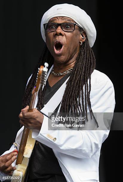 Nile Rodgers of 'Chic' performs on the Virgin Media during Day 2 of the V Festival at Hylands Park on August 17, 2014 in Chelmsford, England.