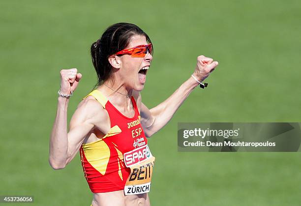 Ruth Beitia of Spain celebrates in the Women's High Jump final during day six of the 22nd European Athletics Championships at Stadium Letzigrund on...