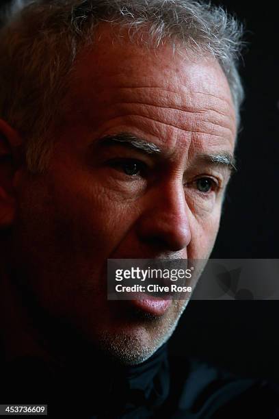 John McEnroe looks on during a press interview on day two of the Statoil Masters Tennis at the Royal Albert Hall on December 5, 2013 in London,...