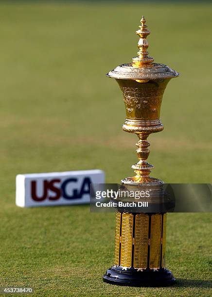 The U.S. Amateur Championship trophy sits on the first tee box on August 17, 2014 at the Atlanta Athletic Club in Johns Creek, Georgia.