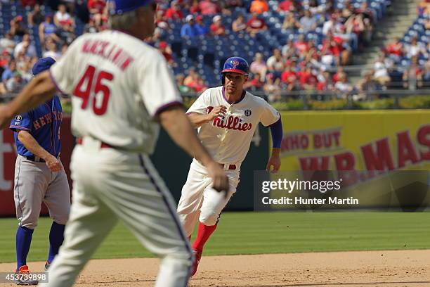 Grady Sizemore of the Philadelphia Phillies during a game against the New York Mets at Citizens Bank Park on August 10, 2014 in Philadelphia,...