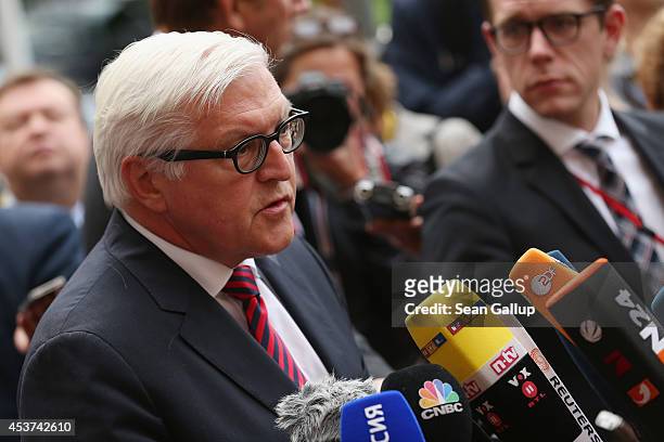German Foreign Minister Frank-Walter Steinmeier gives statements to the media prior to talks with Russian Foreign Minister Sergey Lavrov, Ukrainian...