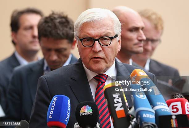 German Foreign Minister Frank-Walter Steinmeier gives statements to the media prior to talks with Russian Foreign Minister Sergey Lavrov, Ukrainian...