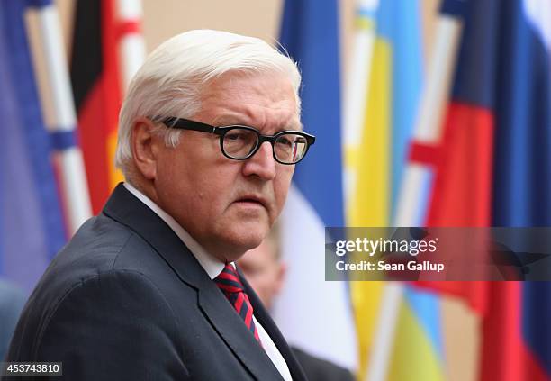 German Foreign Minister Frank-Walter Steinmeier emerges to give statements to the media prior to talks with Russian Foreign Minister Sergey Lavrov,...