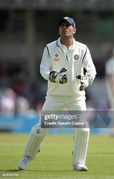 Mahendra Singh Dhoni of India during day two of 5th Investec Test match between England and India at The Kia Oval on August 16, 2014 in London,...