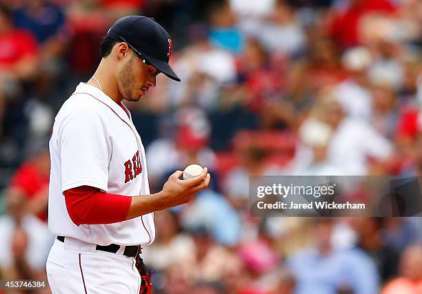 Joe Kelly of the Boston Red Sox takes a moment in between pitches against the Houston Astros during the game at Fenway Park on August 17, 2014 in...