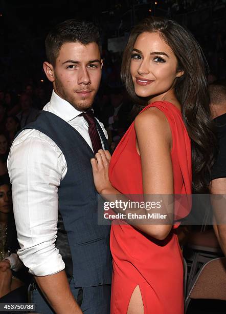 Recording artist/actor Nick Jonas and Miss Universe 2012 Olivia Culpo attend the inaugural event for BKB, Big Knockout Boxing, at the Mandalay Bay...