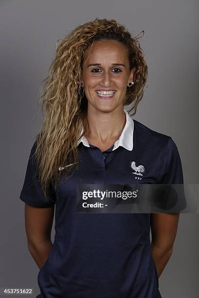 France women's national football team midfielder Kheira Hamraoui poses during a portrait session at the French national football team's training base...