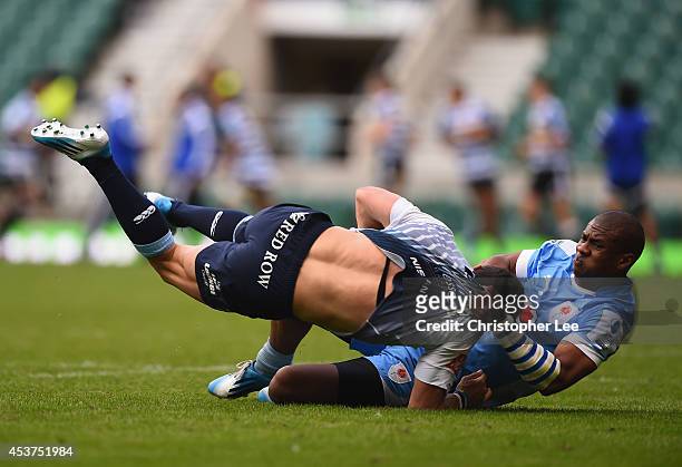 Ganfried May of Blue Bulls tackles Luke Morgan of Cardiff during the Plate Trophy Final match between Cardiff Blues and Vodacom Blue Bulls during the...