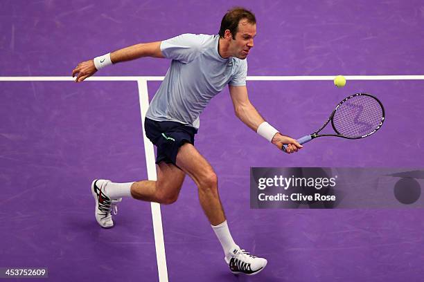 Greg Rusedski of Great Britain in action during his group match against Pat Rafter of Australia on day two of the Statoil Masters Tennis at the Royal...