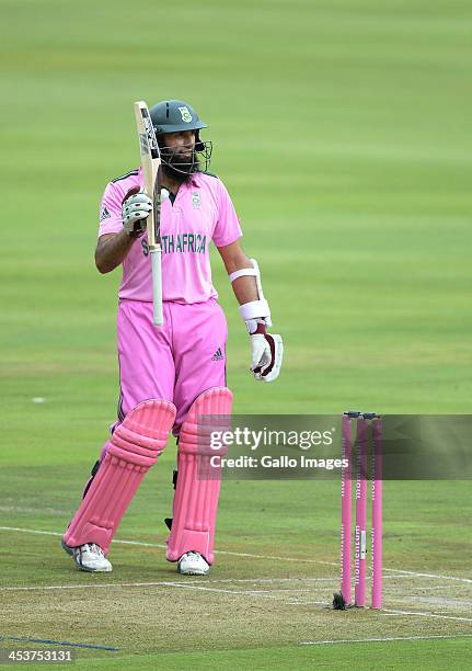 Hashim Amla of South Africa celebrates his 50 during the 1st Momentum ODI match between South Africa and India at Bidvest Wanderers Stadium on...