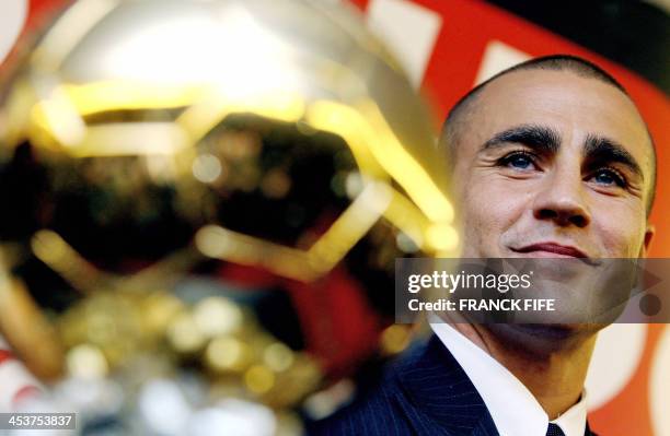 Italy's World Cup-winning captain Fabio Cannavaro poses next to his trophy after being awarded the 2006 'Ballon d'Or' , for best football player of...