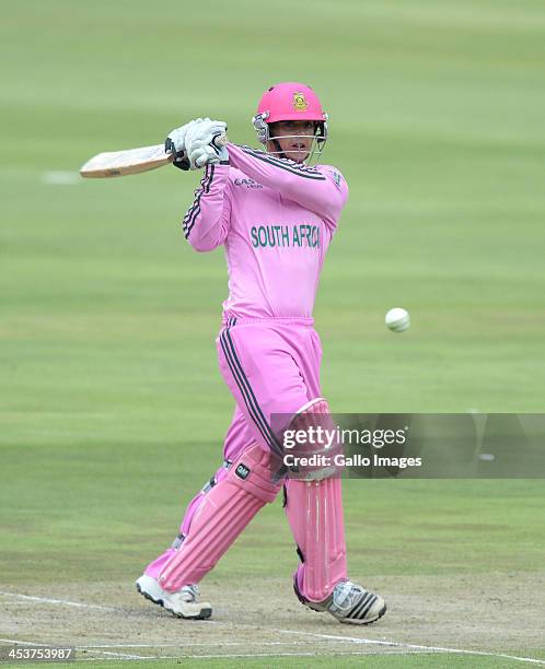 Quinton de Kock of South Africa pulls a delivery to the boundary on his way to his 100 during the 1st Momentum ODI match between South Africa and...