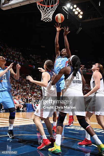 Aneika Henry of the Atlanta Dream shoots the ball against the Connecticut Sun during a game at the Mohegan Sun Arena on August 17, 2014 in...