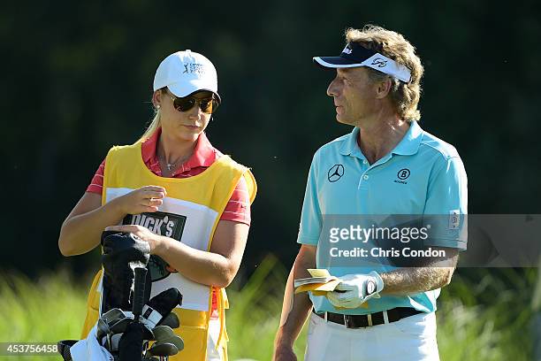Bernhard Langer of Germany waits to tee off on the 17th hole during the final round of the Champions Tour Dick's Sporting Goods Open at En-Joie Golf...