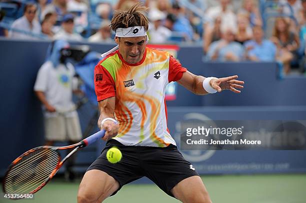 David Ferrer of Spain returns to Roger Federer of Switzerland during a final match on day 9 of the Western & Southern Open at the Linder Family...