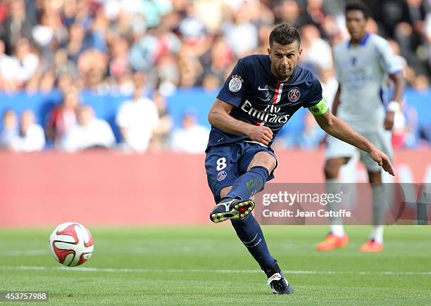 Thiago Motta of PSG in action during the French Ligue 1 match between Paris Saint Germain FC and SC Bastia at Parc des Princes stadium on August 16,...