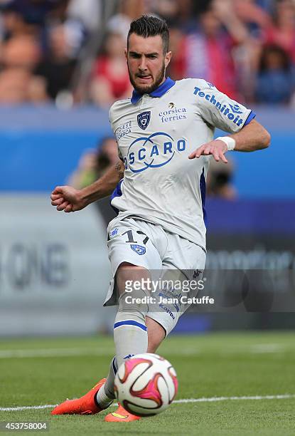 Mathieu Peybernes of Bastia in action during the French Ligue 1 match between Paris Saint Germain FC and SC Bastia at Parc des Princes stadium on...