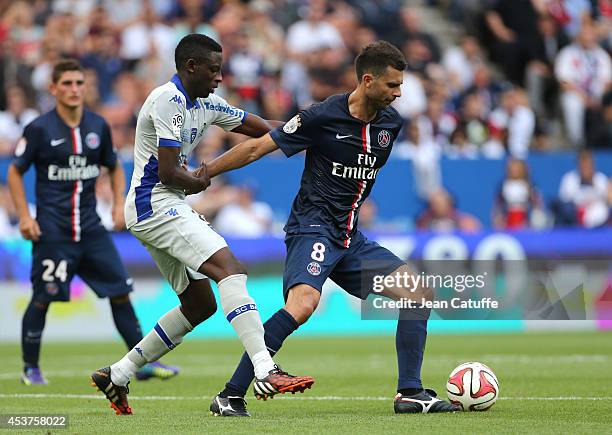 El Hadji Ba of Bastia and Thiago Motta of PSG in action during the French Ligue 1 match between Paris Saint Germain FC and SC Bastia at Parc des...