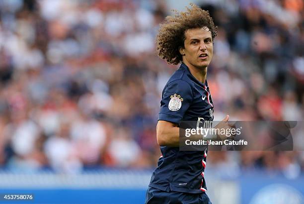 David Luiz of PSG looks on during the French Ligue 1 match between Paris Saint Germain FC and SC Bastia at Parc des Princes stadium on August 16,...